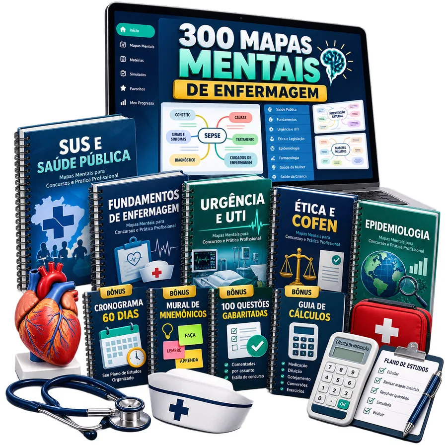 300 Mapas Mentais de Enfermagem — material completo com todos os módulos e bônus